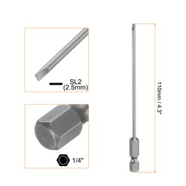 sourcing map SL2.5 Magnetic Slotted Screwdriver Bits 2.5mm S2 Steel Flat Head Screwdriver Bit 1/4" Hex Shank Industrial Grade Screw Driver Drill Bits 110mm (4.3") Long for Screws