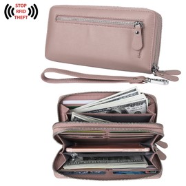 YALUXE Women's Double Zipper Leather Wristlet Wallet Cell Phone Purse Card Holder RFID Blocking