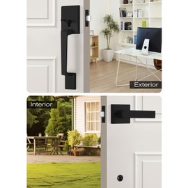 Black Front Door Handle, Non-Locking Entry Door Handle Set, Black Exterior Door Handle, Front Door Handle Set with Interior Door Lever, Reversible for Left/Right Handled Doors, Matte Black Finish