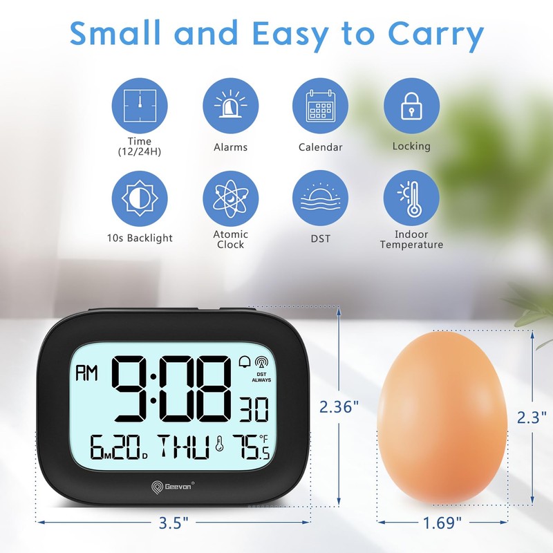 Geevon Small Digital Atomic Alarm Clock for Bedroom, Portable Battery