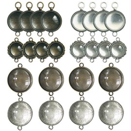 48 PCS Pendant Tray Kit, Seasonsky Double Hole Bracelet Blanks Pendant Trays with 24 PCS Glass Cabochon Round Connector Charms Bracelet Cameo Bezel Settings Photo Jewelry for Crafting DIY