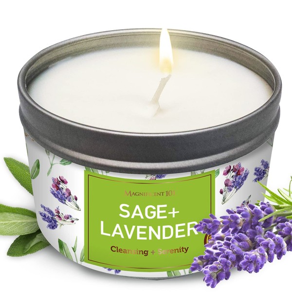 Magnificent 101 Long-Lasting Sage+Lavender Aromatherapy Smudge Candle | 6 Oz - 35-Hour Burn | Made of Soy Wax, Sage & Lavender | House Energy Cleansing & Manifestation