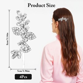 4pcs Diamante Hair Clips for Women, Silver Bridal Hair Clips, Prom Hair Accessories, Bling Sparkly Leaf Wedding Hair Clip for Bride and Bridesmaids