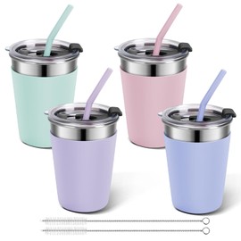 MultiOutools 4 Pack Kids Cups with Straws and Lids, 12oz Unbreakable Stainless Steel Cups with Lids and Straws for Kids, Toddler Cups Spill Proof for Cold Drinks & Hot Drinks