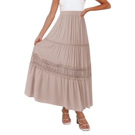 MEROKEETY Women's Boho Elastic High Waist Pleated A-line Ruffle Lace Trim Tiered Midi Maxi Skirt with Pockets,Pink,M