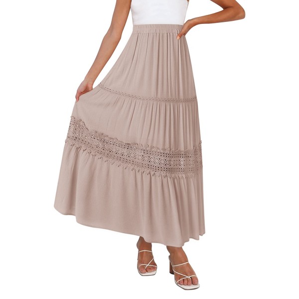 MEROKEETY Women's Boho Elastic High Waist Pleated A-line Ruffle Lace