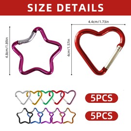 Pack of 10 Carabiner Star, Very Robust Carabiner Heart, Star Carabiner, Aluminium Heart Carabiner, Colourful Outdoor Key Fob Carabiner for Camping, Fishing, Hiking, Travel,