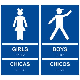 ComplianceSigns.com Girls Boys Restroom Sign Set, Bilingual ADA-Compliant Braille and Raised Letters, 11x6 in. Blue Acrylic Plastic for Bathrooms