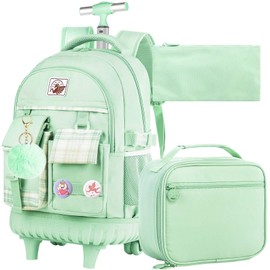 gxtvo 3PCS Womens Rolling Backpack for Girls, Wheeled Bookbag with Lunch Box for Adults, Water Resistant Roller School Bag for College Teens Kids Travel - Green