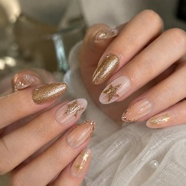 Press on Nails Short Almond 24Pcs Nude Pink French Glitter Star Rhinestones (Golden)