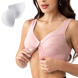 Numgug Daisy Bras for Older Women, Front Snap Closure Bras,with Move Padded Comfort Bra for Senior Women, Pink, 48