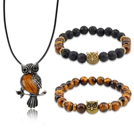 SUPERFINDINGS 3Pcs Owl Jewelry Set Reiki Spiritual Obsidian Crystal Necklace Elastic Yoga Stretch Bracelets Round Beaded Stone Bracelets Friendship Bracelets for Women Daughter