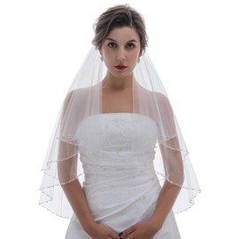 SAMKY 2T 2 Tier Pearl Crystal Beaded Wedding Veil V425 - Light Ivory Fingertip Length 36"