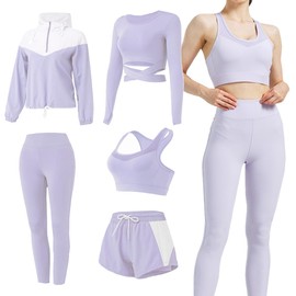 MISDENK Workout Sets for Women, 5 PCS Gym Athletic Sets Yoga Running Outfits Tracksuit Activewear Sports Clothes, Purple, Small