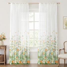 MIULEE Sage Green Printed Semi Sheer Linen Textured Curtains 84" Long 2 Panels Set for Bedroom Living Room Floral Printed Rod Pocket Tulle Light Filtering Spring Flower Pattern Window Drape 52" x 84"