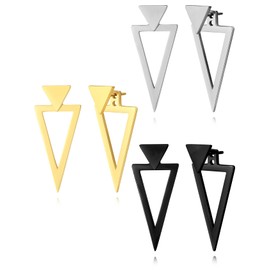 REELMAR 3 Pairs Triangle Earrings for Women Geometric Ear Jacket Earrings Front and Back Punk Earrings Stainless Steel Gothic Jewelry (Black+Silver+Gold)