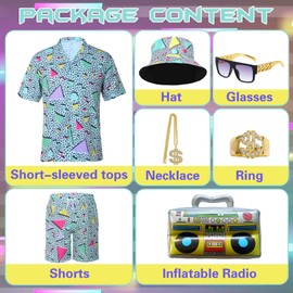 Antsparty 80s Fancy Dress Men, Retro 80s 90s Outfit with Hat Glasses Necklace Ring Inflatable Radio, Hip Hop Costume Outfit for 80s Themed Disco Party