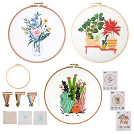 Elecrelive 3 Sets Embroidery kit for Beginners Adults Cross Stitch Kits with Stamped Flowers and Plants Patterns, Hoop, Color Threads, Instructions, Needles Hand Embroidery Kit