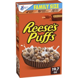 REESE’S PUFFS Chocolatey Peanut Butter Cereal, Kid Breakfast Cereal, Family Size, 19.7 oz