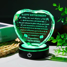 Arikyrist Retirement Gifts for Women Men with LED Base Happy Retirement Gifts Crystal Heart Keepsake Retirement Plaque Best Retire Gift Idea for Retired Friends Boss Coworker Teacher Nurse