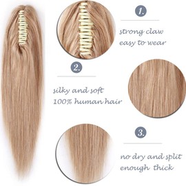 100% Remy Human Hair Ponytail Extension One Piece Claw/Jaw Clip Ponytail Hairpiece Clip In Pony Tail Extensions For Girl Lady Women Long Straight #27 Dark Blonde 14'' 105g