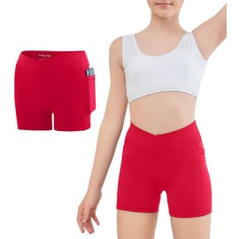 MEJING 4" Girls Cross Waist Athletic Shorts with Pockets, Biker Volleyball Running Cheer Dance Yoga Gymnastics Shorts, Red, Medium