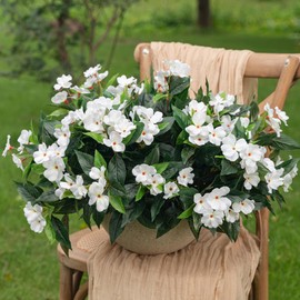 Uqueeten15.7” Spring Decorations For Home Fake Plants Fake Flowers White Flowers Artificial Impatiens Bouquet Flowers For Outdoors Silk Faux Flowers Impatiens Plants Decor Indoor Planters (White) 8pcs