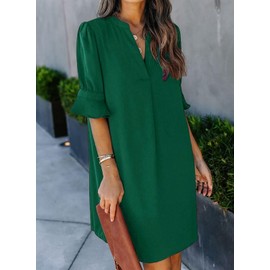 QACOHU Womens Dresses Casual Ruffle Short Sleeve V-Neck Flowy Swing Mini Dress Dark Green M