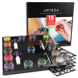 ARTEZA Glitter Tattoo Kit - Body Glitter Tattoo Set Includes 15 Vibrant Colors, 2 Brushes, 2 Glue Applicators and 40 Unique Glitter Tattoo Stencils - Glitter Temporary Tattoos For Kids And Adults