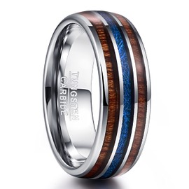 Vakki 8mm Domed Tungsten Carbide Ring with Comfort Fit in Blue Imitation Meteorite and Hawaiian Koa Wood 54 to 67 (17.2-21.3), Tungsten