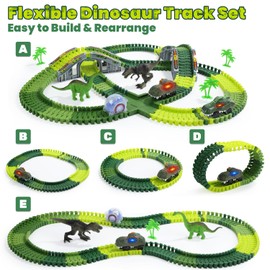 EagleStone Dinosaur Race Track Set for Kids – 233 PCS Flexible Race Tracks,2 Electric Dino Cars with Light, 2 Dino Figures,Christmas Birthday Gift for 3-8 Year Old Boys and Girls