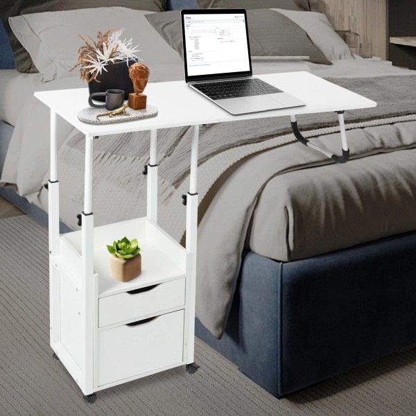Adjustable Overbed Bedside Table Rolling Bed Desk Wheeled Laptop Desk