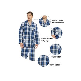GLOBAL Men 100% Cotton Pajamas Set Button Down Pjs Long Sleeve Pajamas for Men Drawstring Elastic Waistband Pants Soft Comfy Sleepwear