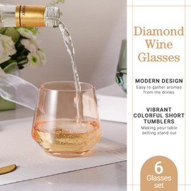 Colorsavant Stemless Wine Glasses Set 6【Peach Color Wine Glasses Stemless】 Peach Short Tumbler【14oz】 Peach Glassware for Wine or Soft Drinks,Unique Wine Gifts for Valentines Day