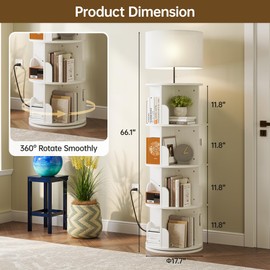 iabifo 4 Tier Rotating Bookshelf with Lamp, 3 Color Temperatures, Vertical Bookcase Tower, Space-Saving Floor Standing Organizer for Living Room, Bedroom, White
