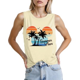 Summer Vibes Tank Tops for Women Cute Beach Sunshine Graphic Tee Family Hawaii Vacation Matching Sleeveless Tank Tropical Vest Top,Light Yellow L