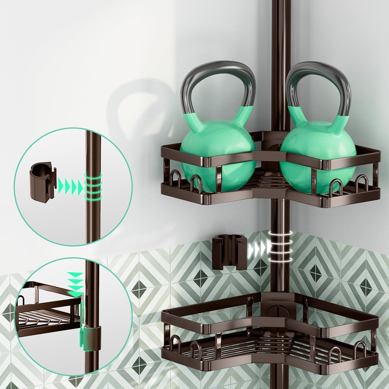 HEVEL Corner Shower Caddy Tension Pole, 4 Tier Adjustable Shower