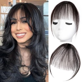 Clip in Bangs 100% Real Human Hair Extensions Wispy Bangs for Women Clip in Hair extensions Fringe with Temples Hairpieces (Natural2 Black2)