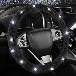 Soiftra Glitter Steering Wheel Cover, Universal Size 37-38 cm, Car Elastic Steering Wheel Protector, Glittering Diamonds, Black Rhinestones, Breathable, Non-Slip, Car Decoration Accessories for Most