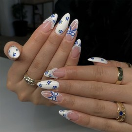 SINHOT Almond Press on Nails Medium - Blueberries Fake Nails Glossy Glue on Nails Blue Bowknot & White Pearls Stiletto Stick on False Nail with Design DIY 24 pcs