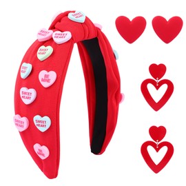 Ewaycom Valentine's Day Red Heart Headband for Women Love Letter Heart Candy Embellished Wide Top Knotted Headband with 2 Pair Heart Earrings Romantic Hair Accessories Valentine's Day Gifts