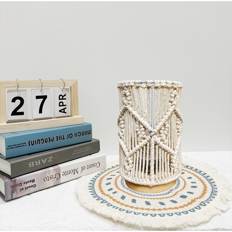 AFORTLO Table Desk Lamp,Small Boho Hollow-Out Decorative Bohemian Macrame Handmade