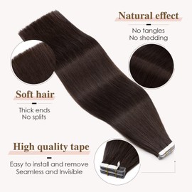 Tess Tape Extensions Real Hair Dark Brown #2 Tape Hair Pieces Tape-In Hair Extensions, Remy Human Hair Extensions Straight Hair 10 Pieces, 20 Inches (50 cm) – 25 g