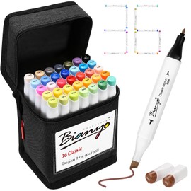 Bianyo 36 Colors Alcohol Markers Set, Alcohol-Based Dual Tip Art Markers Set with Black Travel Case with a Designable Card for Coloring, Sketching, Drawing, Outlining, Highlighting