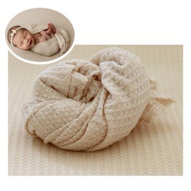 Ederafoto Newborn Photography Props Wraps Backdrop Set Baby Photoshoot Infant Photo Posing Texture Knit Fringed Waffle Sweater (Beige-Backdrop with Wrap)