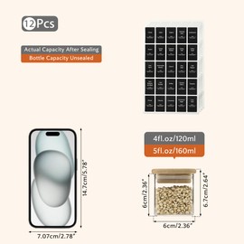 D2scrma 5oz Airtight Square Spice Containers with Bamboo Lid Set of 12 with Black Lables Storage Stackable Spice Jar, Kitchen Canister for Sugar, Tea, Flour, Salt and Seasonings (‎Clear Glass)