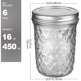 VERONES Wide Mouth Mason Jars 16oz, 6 Pack 16 oz Wide Mouth Mason Jars with Lids and Bands, Ideal for Jam, Honey, Wedding Favors, Shower Favors