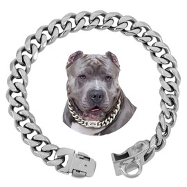 BAOBOTE 15MM Silver Stainless Steel Dog Collar with Cuban Link Chain Heavy Duty Chew Proof Training Collar for Dogs(16" Silver)