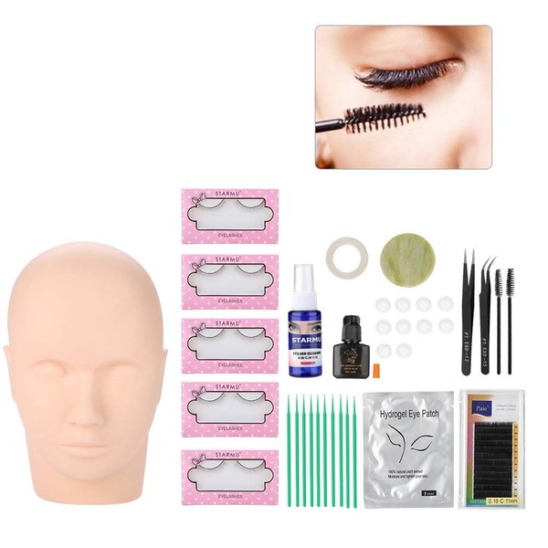 Eyelash Extension Kit for Training with Bag, Semi Permanent Makeup Eyelashes Stopper Training Set, False Eyelash Extension Tool Kit with Head Model, Eyelash Comb, Seal and Tweezers