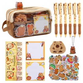 Capybara Pencil Pouch Capybara Stationery Set with Capybara Pencil Bag/PP Clips/Index Sticker/Sticky Note/Acrylic Keychain/Retractable Pen/Stickers/Plush Doll- 8-In-1 School Supplies Kit for Students